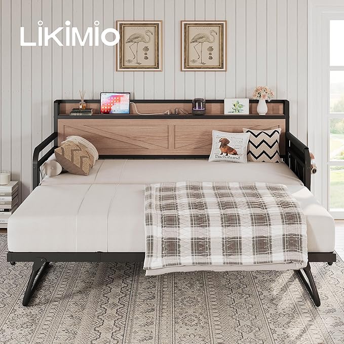 LIKIMIO Twin Daybed, Day Beds with Pop Up Trundle, Storage Headboard with Charging Station, Strong Supports for Apartment and Other Small Space, Wood Color