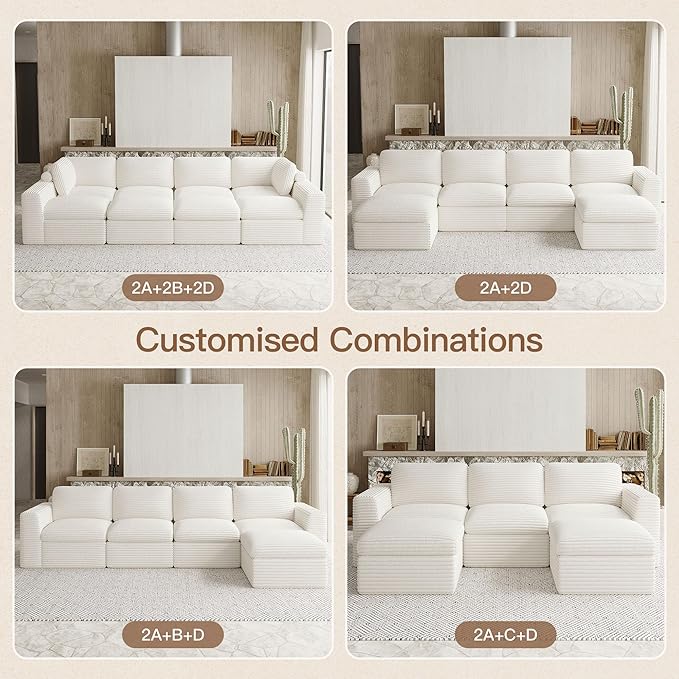 Cloud Sectional Sleeper Sofa Bed 6-Seater Plush Corduroy Modular Sectional Sofa Couches for Living Room with Ottoman. White Couch.
