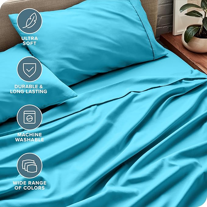 Bare Home Split Head Flex King Sheet Set - 1800 Ultra-Soft Microfiber Bed Sheets - Double Brushed - Deep Pockets - Easy Fit - 4 Piece Set - Bedding Sheets & Pillowcases (Aqua)