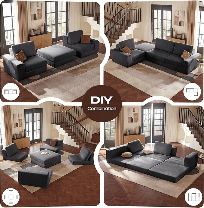 Modular Sectional Boneless Sofa, 160.63" Oversized Modern Cloud Couch Sectional Sofa with U-Shaped Chaise Comfy Corduroy Fluffy Couch with Deep Seat Couches for Living Room Bedroom,Gray