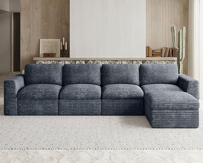 Boneless Sectional Cloud Couch with Deep Seat Plush Corduroy Modular Sectional Sofa Convertible L Shaped Couches for Living Room. Grey Sofa.