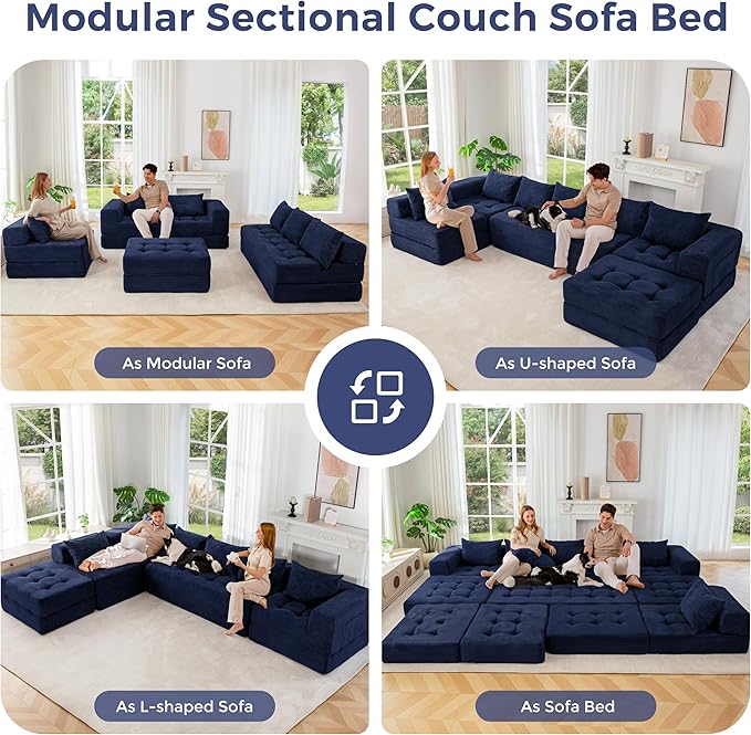 MAXYOYO Modular Sectional Sofa Couch, Foldable U Shaped Cloud Couch with Pillows, Tufted 7-Seat Boneless Sleeper Lounger Floor Sofa Bed for Living Room, No Assembly Required, Navy