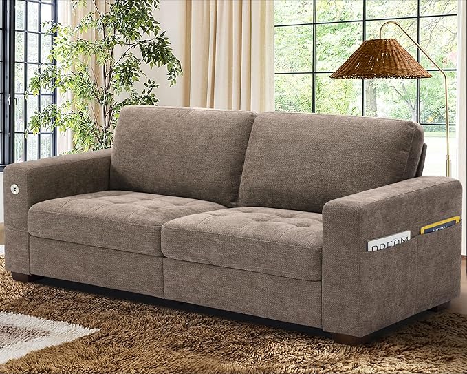 WorthFurni Sofas for Living Room, Chenille Loveseat Couch Set, Small Sofa, 3 Seater Sofa, USB Charging, Removable Sofa Cover,Solid Wood Frame, Easy to Install(89inch,Brown)