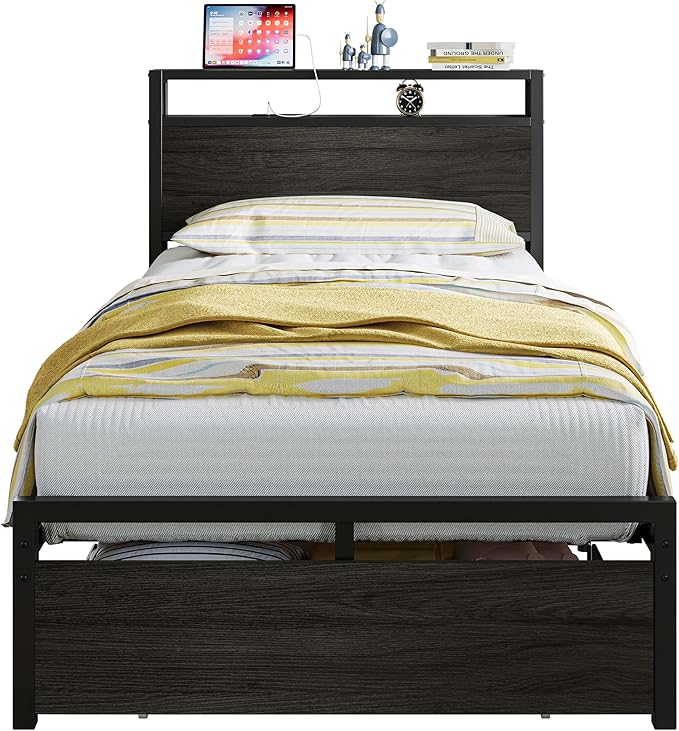 LIKIMIO Twin Bed Frames with Drawer, Storage Headboard with Outlets, No Box Spring Needed, Easy Assembly, Gray Black