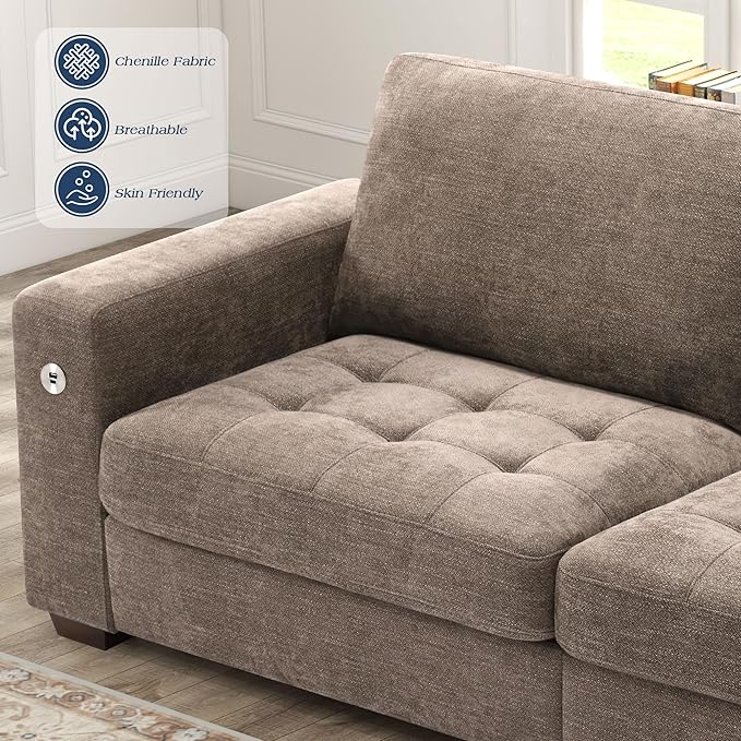 WorthFurni Sofas for Living Room, Chenille Loveseat Couch Set, Small Sofa, 3 Seater Sofa, USB Charging, Removable Sofa Cover,Solid Wood Frame, Easy to Install(89inch,Brown)