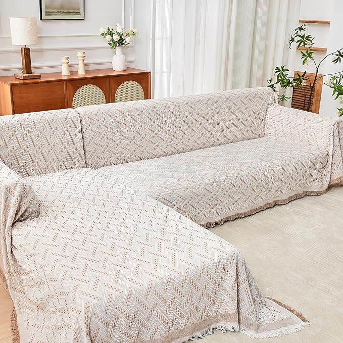 HOMERILLA Sectional Couch Covers for Sectional Sofa L Shaped Sofa Cover Blanket 2 Pieces L Shape Furniture Protector for Pets Dogs(Khaki White, X-Large)