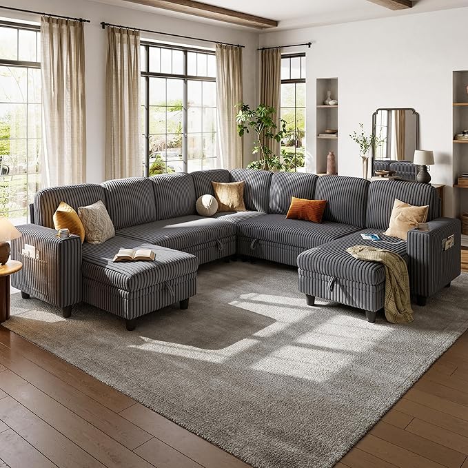 LINSY HOME Sectional Sleeper Sofa Pull Out Couches for Living Room (Grey, Sleeper Sofa 5) | Pull Out Sofa Bed, Storage, USB Charging, Cup Holders, Plush Corduroy