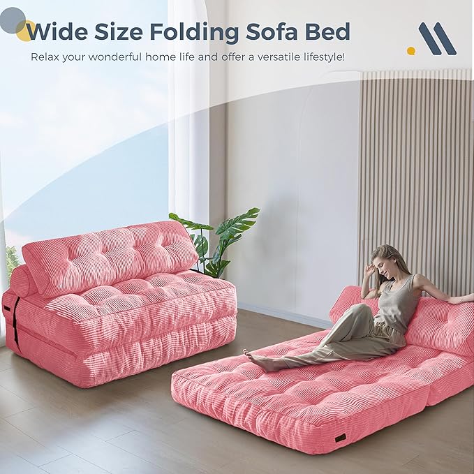 MAXYOYO Folding Sofa Bed, Convertible Sleeper Chair with Pillow Foldable Mattress with Back Support, Portable Fold Out Chair Bed Comfy Floor Sofa Lounge for Living Room Bedroom, Pink Double