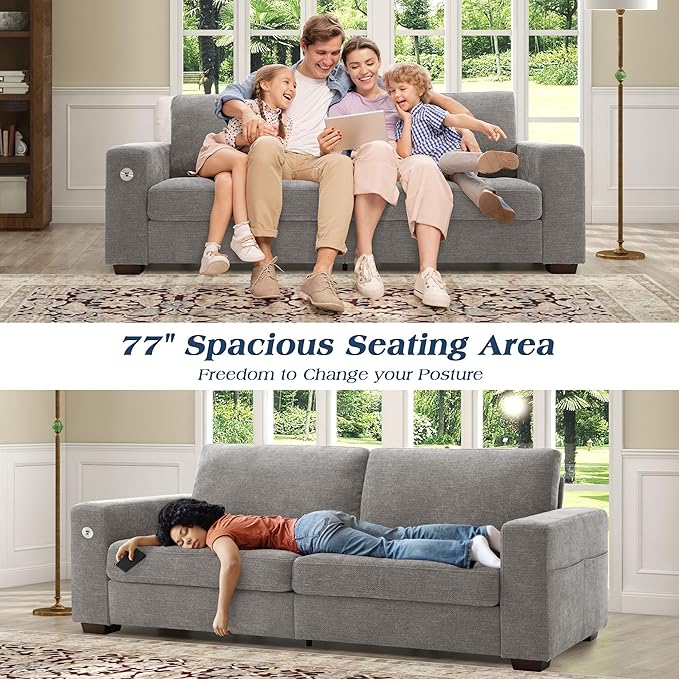 WorthFurni Sofas for Living Room, Chenille Loveseat Couch Set, Small Sofa, 3 Seater Sofa, USB Charging, Removable Sofa Cover,Solid Wood Frame, Easy to Install(89inch,Grey)