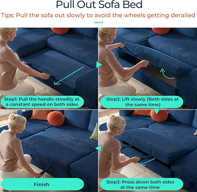 LINSY HOME Sectional Sleeper Sofa with Pull Out Couch Bed - Convertible Plush Corduroy Cloud Couch with Storage Chaise & USB Charging, Comfy Modular Couches for Living Room, Blue