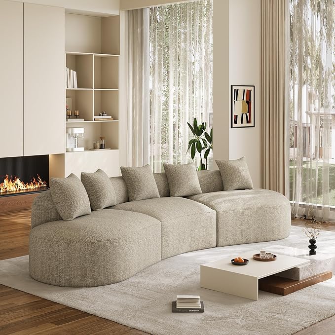 134" Curved Modular Sectional Sofa for Living Room, Modern Chenille Oversized Cloud Couch, Plush Luxury 6-Seater Extra Deep Seat Boucle Boneless Sofa, No Assembly Required, Light Brown