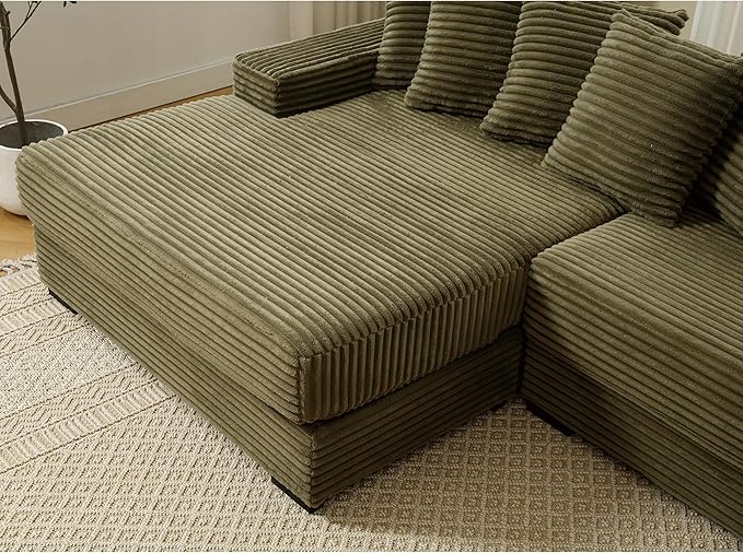 111 Inch Cloud Sectional Couches for Living Room | L-Shaped Sectional Couch with 8 Pillows | Corduroy Couch with Deep Seat | Solid Wood Frame Sofa Green (Left Facing Chaise)