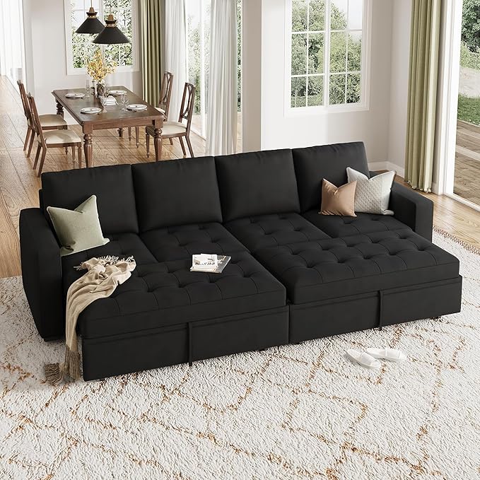 HONBAY Modular Sectional Sleeper Sofa with Pull Out Bed, Linen Convertible Sectional Couches for Living Room, Black