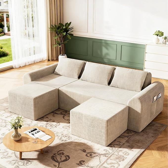 86.6" Cloud Boneless Sectional Sofa for Living Room, 3-Seater Modular Couch for Small Apartments with 2 Ottomans, Deep Seat Chenille Fabric Sofa, No Assembly, 72H Full Restore, Beige