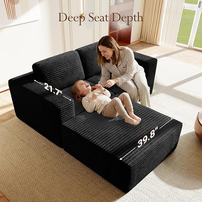 Vesgantti 80" Modular Sectional Sofa, Corduroy Cloud Couch with Deep Seats & Spring Support, Compact 2 Seater Boneless Couch, L-Shaped Modular Sofa for Small Spaces, Apartments, No Assembly, Black