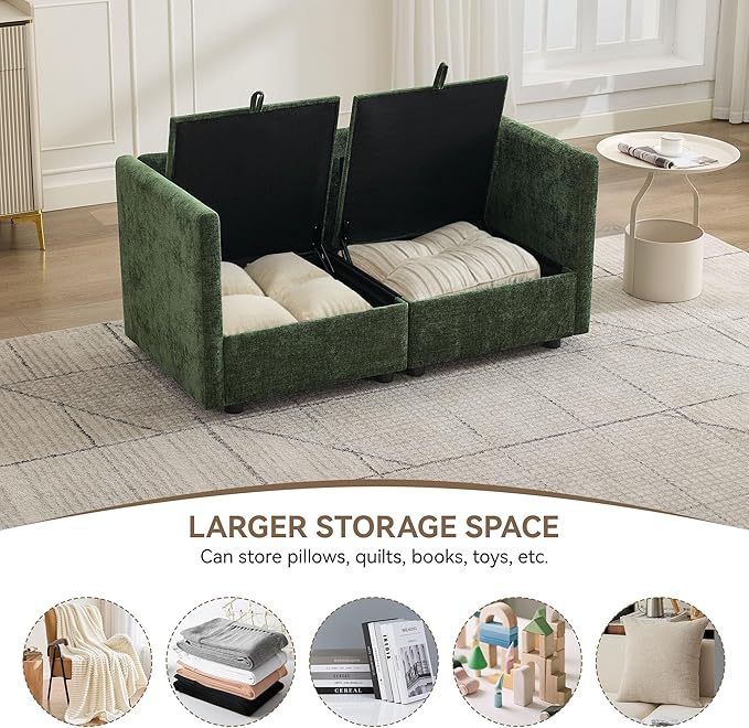 55" Cloud Modular Loveseat Sofa with Storage, Modern Upholstered Sofa Couch Small Love Seat，2 Seater Chenille Comfy Sectional Sofa with Armrests for Living Room, Small Space, Green