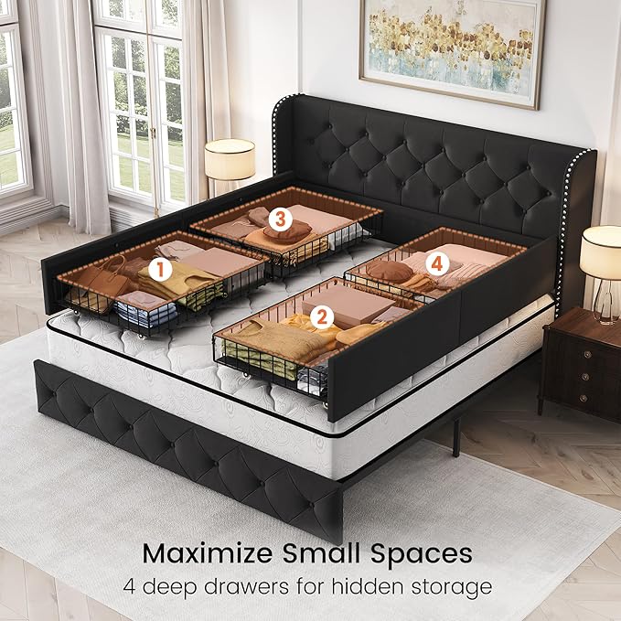 LARMACE Queen Size Bed Frame with 4 Storage Drawers and 47.2" Tall Wingback Headboard Upholstered Platform Beds Velvet Tufted Bed Frame with Wooden Slats Support, Easy Assembly, Black