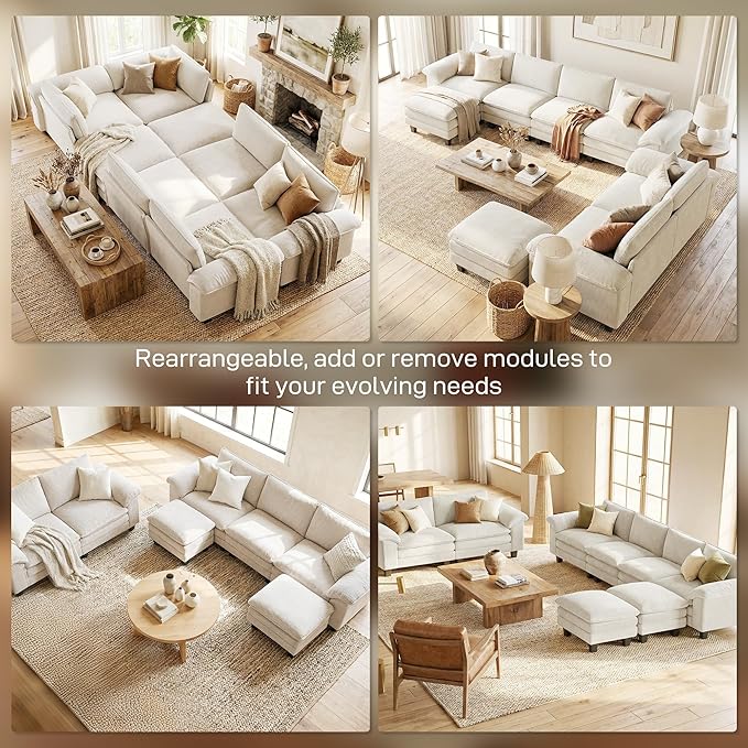 HOMCOM Modular Sectional Sofa Couch 124" Oversized L Shape Sectional Cloud Couch with Deep Seat, Movable Ottoman and Pillow-top Armrests for Living Room, Bedroom and Apartment, Beige | Deep seat