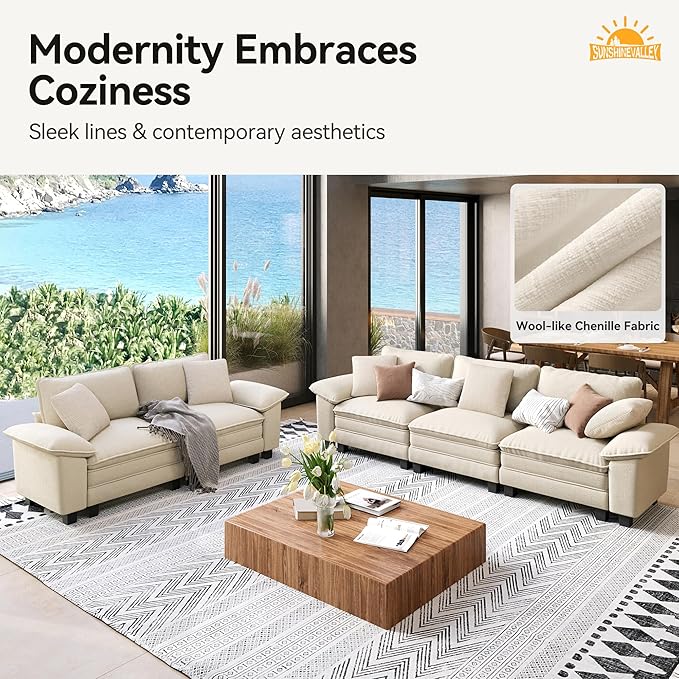 3 Piece Living Room Sofa Furniture Set, Chenille Modular Loveseat, Cloud Chair, and 3-Seat Couch with Pillow, Oversized 6-Seat Modern Sectional Deep Sofa for Apartment, Beige