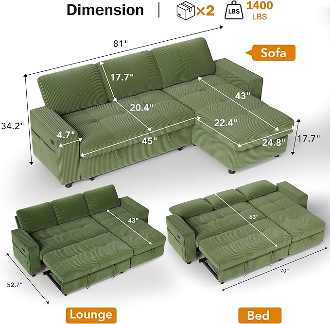 Vipbear Sectional Sleeper Couch with Pull Out Sofa Bed, L Shaped Plush Corduroy Couch with Reclining Backrest & Storage & USB Charging, Convertible Cloud Sectional Sofa Bed for Living Room, Green | Breathable material, Tool-Free Assembly, Reclining Bac...