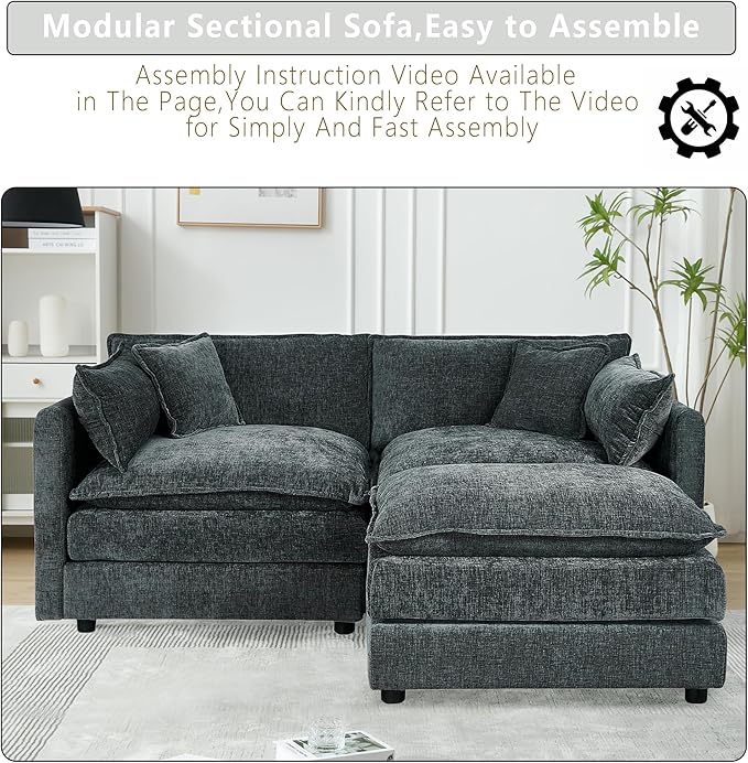 Setawix Deep Loveseat Couch with Ottoman,Large L-Shaped 2 Seater Cloud Couches for Living Room,77.16" Chenille Cloud Sofas with Deep Seat,Modular Sectional 2 Seat Sofa for Bedroom (Grey, 2+1)