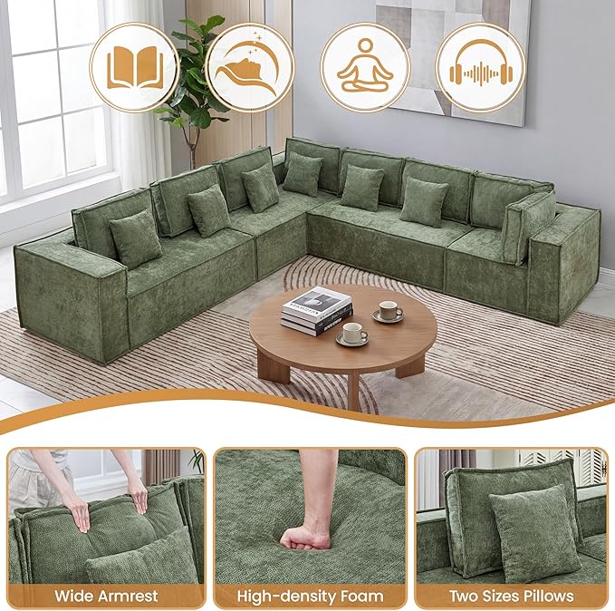 138'' Boneless Chenille L Shaped Couch, Oversized Modular Sectional 7 Seater Sofa, Modern Deep Seat Corner Cloud Compressed Couch, No Assembly Sleeper Sofa with Chaise for Living Room, Green