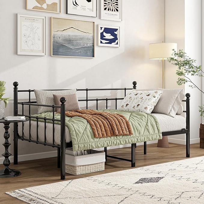 BOFENG Metal Daybed Frame Twin Size Platform Sofa Bed Day Bed with Strong Steel Slats Mattress Foundation Bedroom Furniture,Noise Free,Black