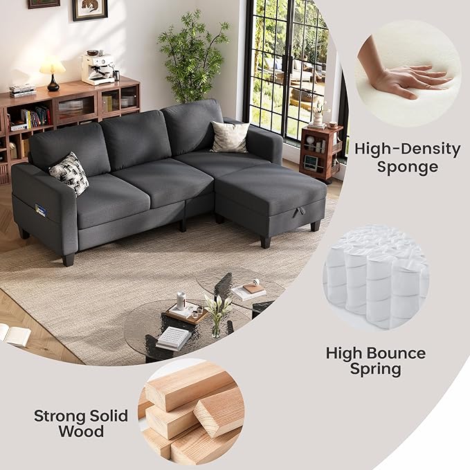 Sectional Sofa and Couches for Living Room, 78'' Dark Grey 3 Seat L-Shaped Couch with Movable Ottoman, Comfy Linen Convertible Sectionals Sofas with Chaise for Apartment, Dorm, Small Space