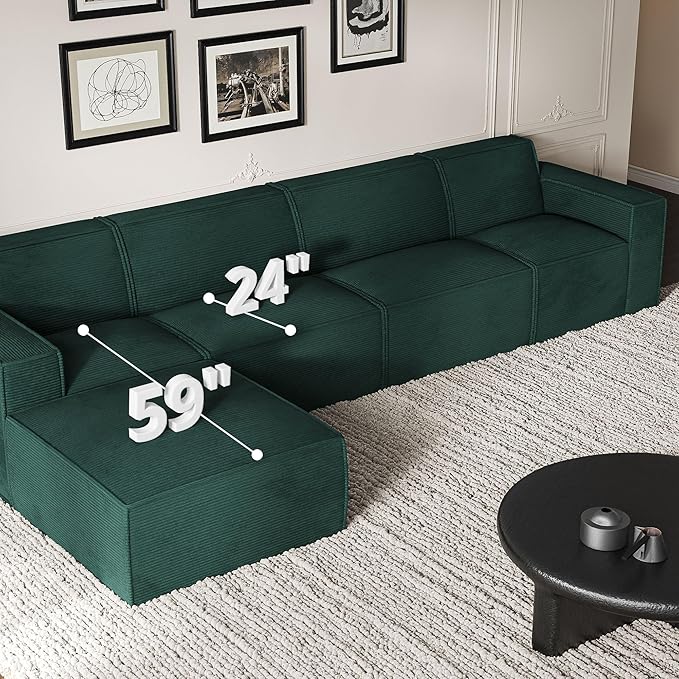 Cozy Castle 142" Modular Sectional Sofa, L Shaped Corduroy Boneless Couch with Deep Seat and Ottoman Chaise Cloud Sofa Upholstered Couches for Living Room Bedroom No Assembly Required (Green)