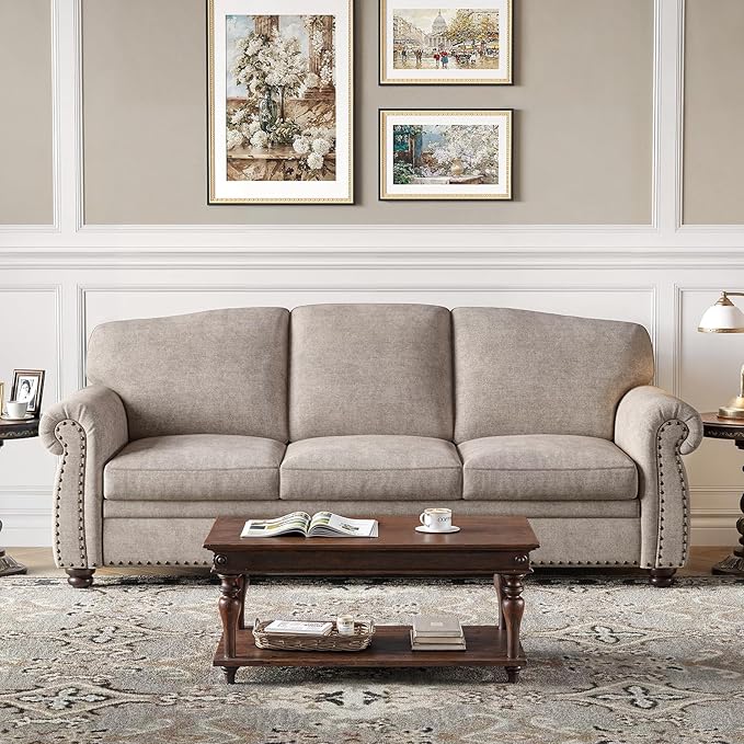 ONBRILL 90 Inch Rolled Arm Sofa for Living Room, Deep Seat Nailhead Trim Couch, Comfy 3 Seater Chenille Couch w/Wooden Leg, Springs Seat Cushion, Large Traditional Sofa for Farmhouse, Beige