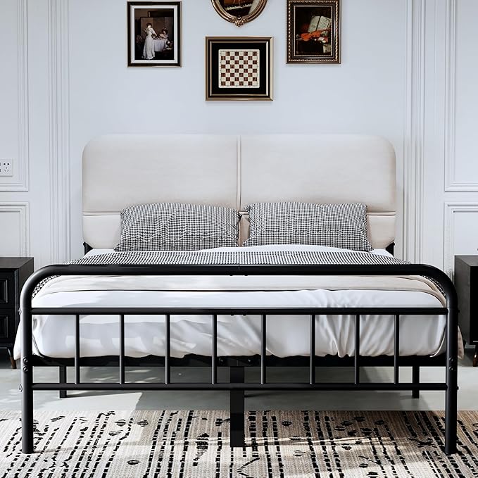 14Inch Metal Bed Frame,Queen Size Bed Frame with Upholstered Headboard,Heavy Duty Sturdy Mattress Foundation,Easy Assembly,No Box Spring Needed,White-Queen