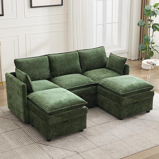 80" Cloud Modular 3 Seater Sofa with 2 Storage Ottoman, Modern Upholstered Storage Sofa Couch Deep Seat, U Shape Sectional Sofa Chenille Comfy Couch with Armrests for Living Room, Small Space, Green | Modular Sofa, Storage Ottoman, Upholstered Sofa, Se...