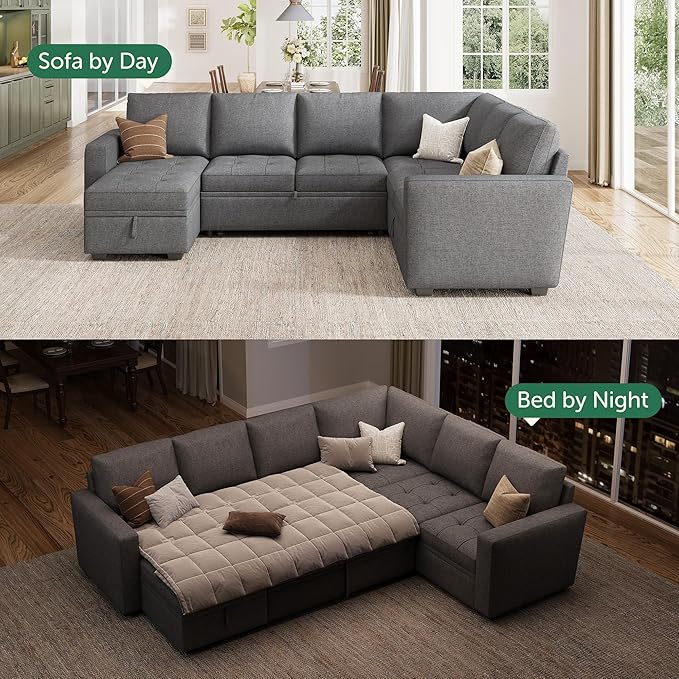 HONBAY Modular Sectional Sleeper Sofa with Pull Out Bed, Convertible L Shaped Couch with Storage Seat, Sectional Couches for Living Room,Grey