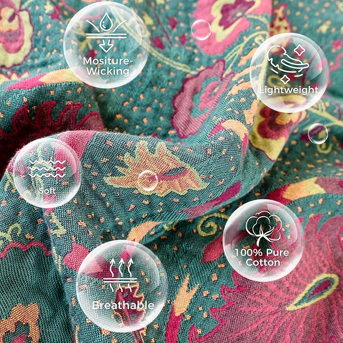 Boho Throw Blanket for Bed 100% Cotton Soft Lightweight Quilt Home Decor Breathable Spring Bed Blanket,Floral Embroidery Reversible All Season Blankets for Sofa Couch Chair 90"x98"