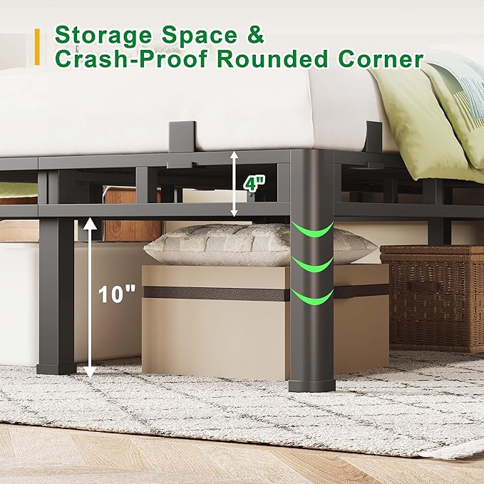 ROIL 14 Inch Cal King Bed Frame, Double Layer Metal Bed Frame with Round Corner Legs, 4000LBS Bed Frame & Box Spring 2 in 1 Platform with Headboard Holes Mattress Baffles, Noise-Free Easy Assembly