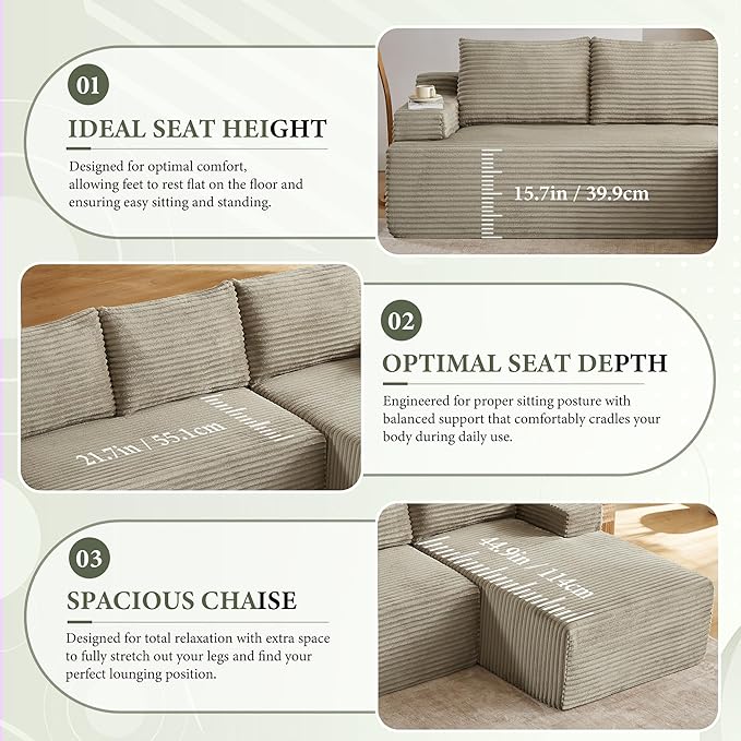 96" Sectional Couches for Living Room Cloud Couch Sofa with L-Shape Upholstered Boneless Couchs Modern Modular Sectional Couch with Chaise (Camel, 96" W+Right Facing Chaise+2Seaters)