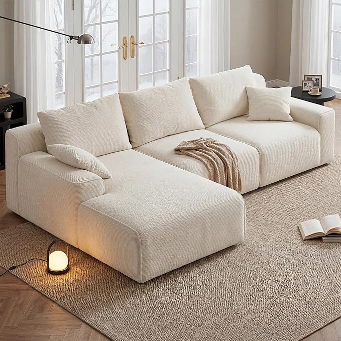 97”Modular Sectional Sofa, Cloud Sectional Couch with Deep Seat, Modern Modular L-Shape Sofa Couch, Upholstered Boneless Couches for Living Room Bedroom (White Check, Left Facing Chaise)