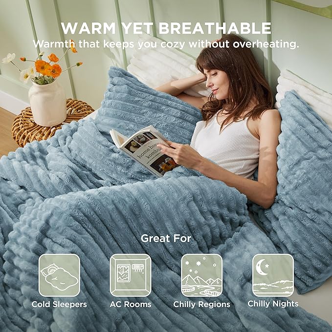 Bedsure Comforter Set Queen Size - GentleSoft™ 3 Pieces Double-Side Fleece Fluffy Mineral Blue Comforter Set, Cozy Striped Room Decor Aesthetic, Luxury Bedding Queen Size, 2 Pillowcases, 90x90 Inches