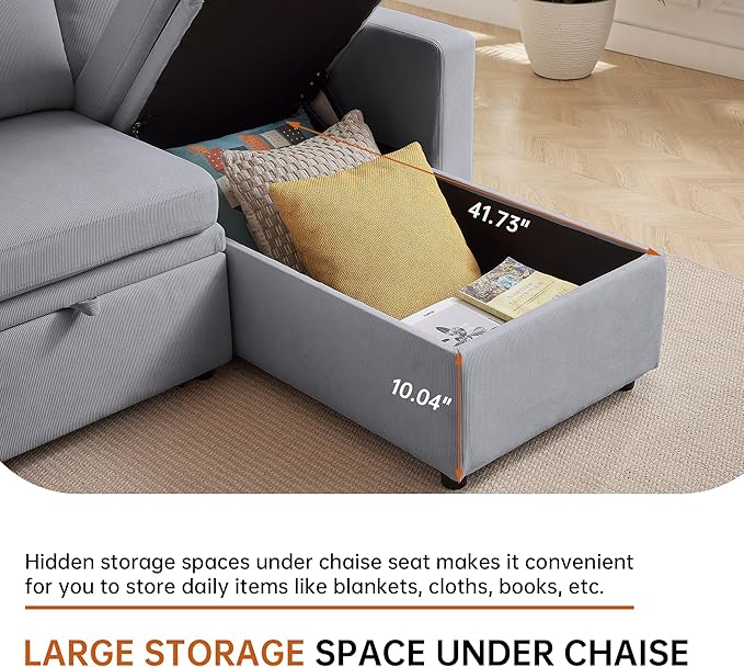 79" Sectional Sofa Couch, L Shaped Sleeper Sofa Bed with Reversible Storage Chaise, Side Pockets, Durable Cushions, Convertible Pull Out Bed Couch for Living Room, Light Grey