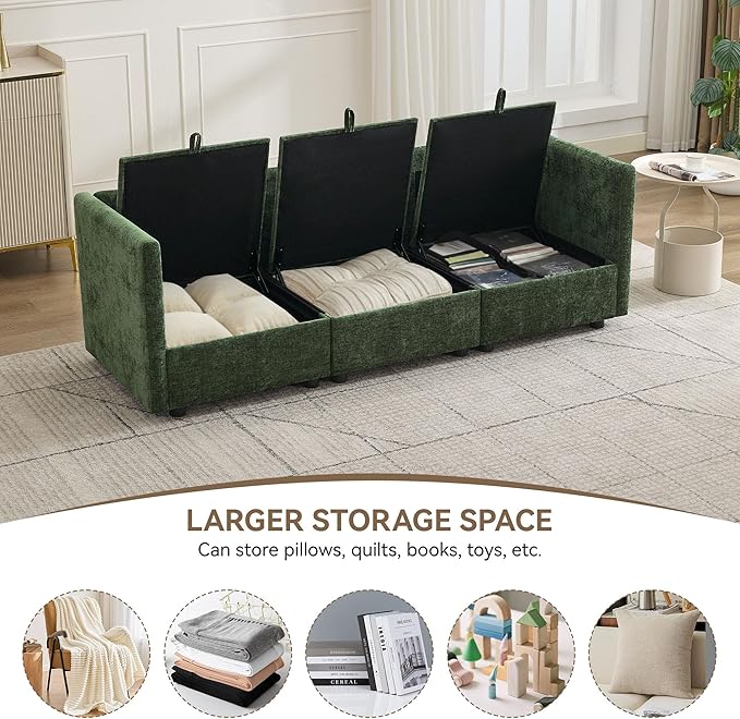 80" Cloud Modular 3 Seater Sofa with Storage, Modern Upholstered Storage Sofa Couch Deep Seat, Sectional Sofa Chenille Comfy Couch with Armrests for Living Room, Small Space, Green