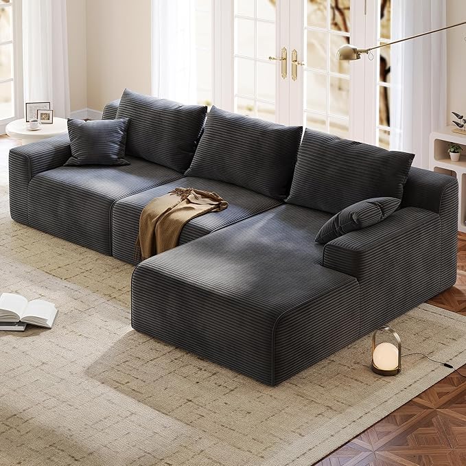 97" L-Shaped Boneless Modular Cloud Couch, Comfy Corduroy Sectional Sofa with Deep Seat and Right Facing Chaise, Flexible Module Combination for Living Room, No Assembly Required (Grey)
