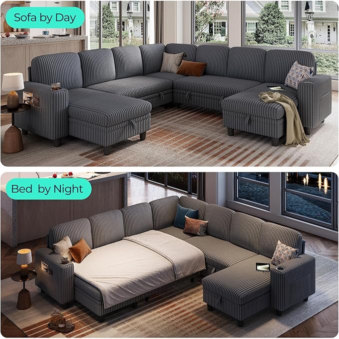 LINSY HOME Sectional Sleeper Sofa Pull Out Couches for Living Room (Grey, Sleeper Sofa 5) | Pull Out Sofa Bed, Storage, USB Charging, Cup Holders, Plush Corduroy
