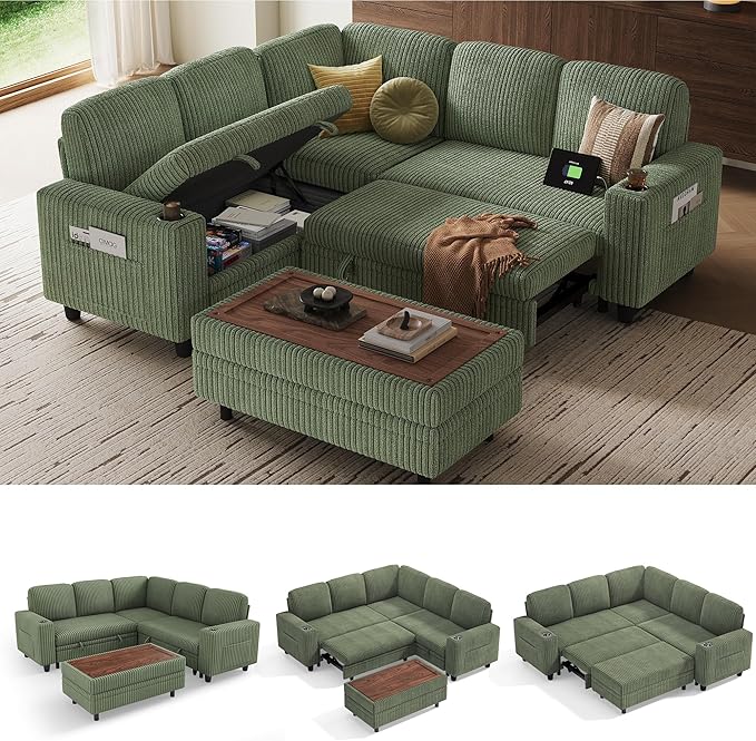 LINSY HOME Sectional Sleeper Sofa with Pull Out Couch Bed for Living Room (Green) | Plush Corduroy, Storage Ottoman, Storage Chaise, Pull Out Couch, USB Charging