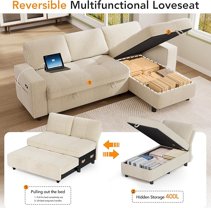 Vipbear Sectional Sleeper Couch with Pull Out Sofa Bed, L Shaped Plush Corduroy Couch with Reclining Backrest & Storage & USB Charging, Convertible Cloud Sectional Sofa Bed for Living Room, Beige | Breathable material, Tool-Free Assembly, Reclining Bac...