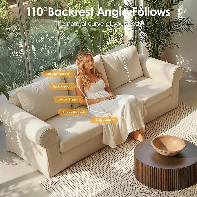 89" 3 Seater Sofa for Living Room, Deep Seated Comfy Couch High Back Suppor Removable Washable Couches, Modern Farmhouse Rolled-Arm Sofas - Beige