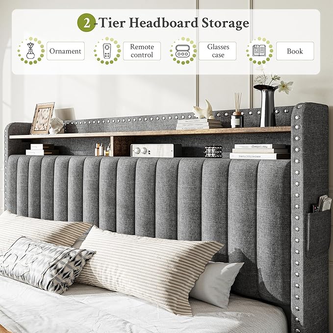 EnHomee King Size Bed Frame with 2 Metal Storage Drawers, Vertical Tufted Upholstered King Platform Bed with Headboard Shelf, 1000lbs Heavy Duty, No Box Spring Needed,Easy Assembly,Grey