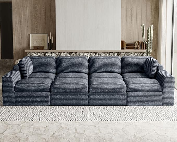 Boneless Modular Sectional Sleeper Sofa Bed Plush Corduroy Cloud Sectional Couches for Living Room with Deep Seat. Grey Couch.
