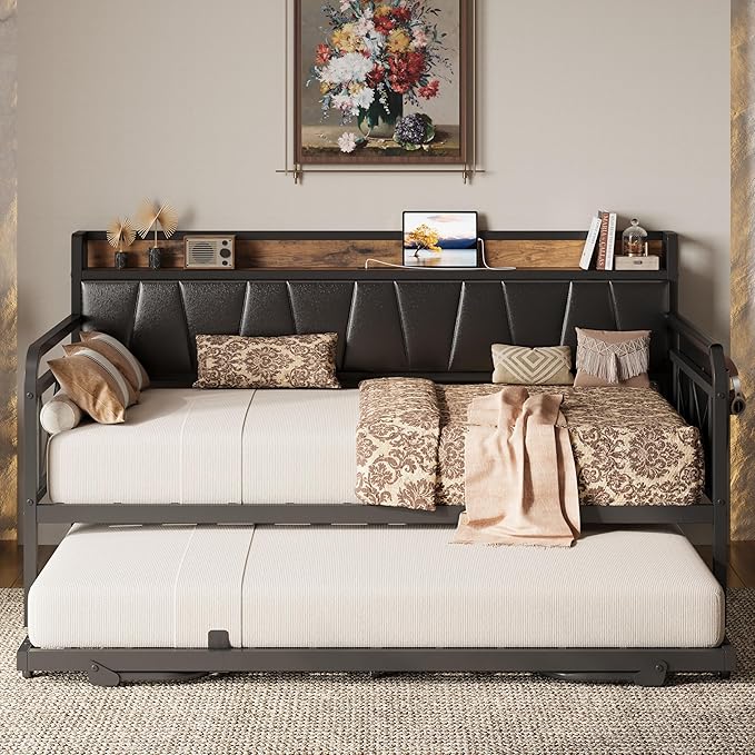 LIKIMIO Daybed with Trundle Bed, Twin Bed Frame with Storage Headboard and Charging Station, Sofa Day Bed with Strong Supports for Living Room, Bedroom, and Guest Room, Black