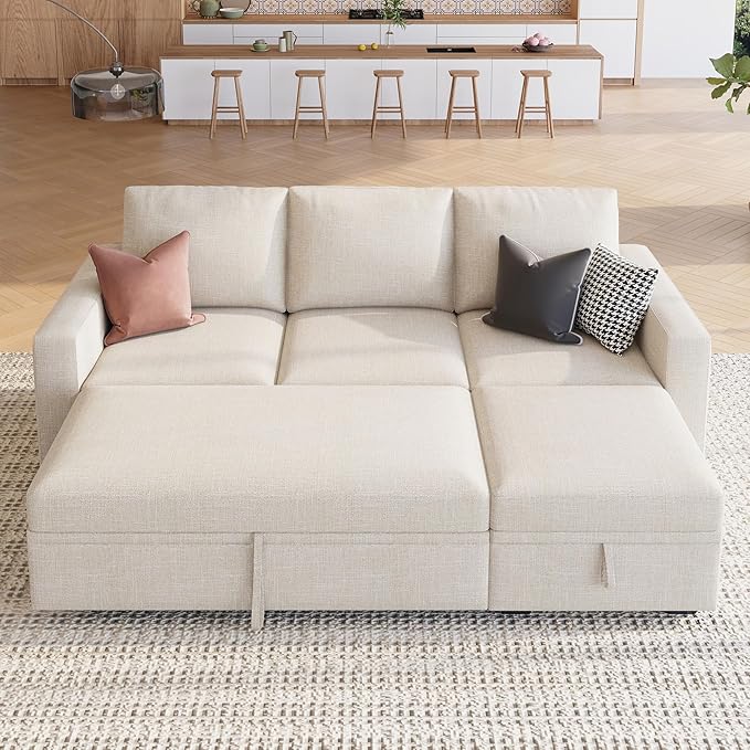 HONBAY Modular Sectional Sleeper Sofa with Pull Out Bed, L Shaped Couch with Storage Seat, Modular Sectional Couches for Living Room - Beige