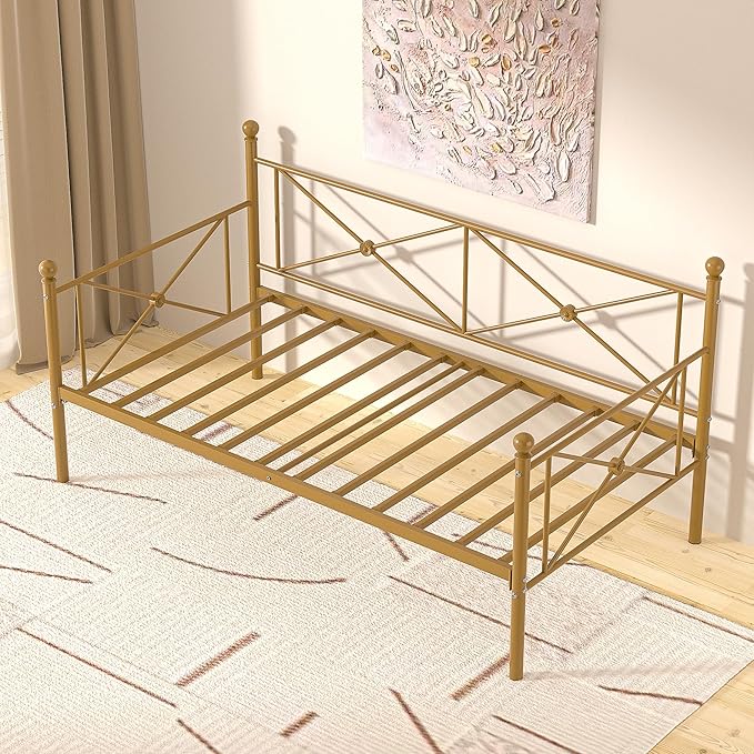 VECELO Twin Daybed Frame, Metal Day Bed with Stylish Headboard, Multifunctional Platform Beds for Bedroom, Guest Room, No Boxing Spring Needed, Golden